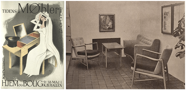 Left: Poster by Arne Jungermann announcing the “Tidens Møbler” (Furniture of the Time) exhibition, 1947. Right: Finn Juhl’s display at the “Tidens Møbler” (Furniture of the Time) exhibition, which included the present model sofa.