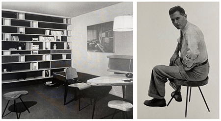 Left: The present model stool presented at the Salon des arts ménagers, 1953. Right: Jean Prouvé sitting on the present model stool. 
