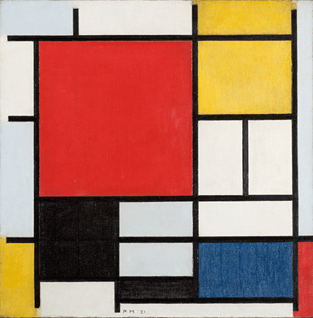 Piet Mondrian, Composition with large red plane, yellow, black, gray and blue, 1921, Haags Gementemuseum, The Hague. Image: © Kunstmuseum den Haag / Bridgeman Images
