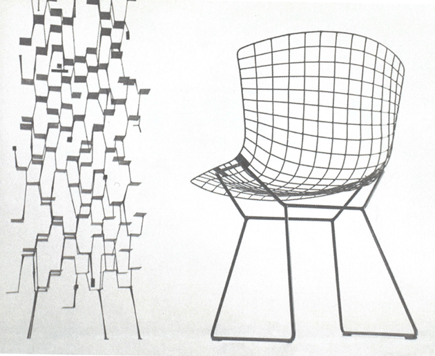 A multi-plane sculpture similar to the present example and a side chair also designed by Harry Bertoia, circa 1952.  Credit to come. Photography by Herbert Matter. Works by Harry Bertoia.