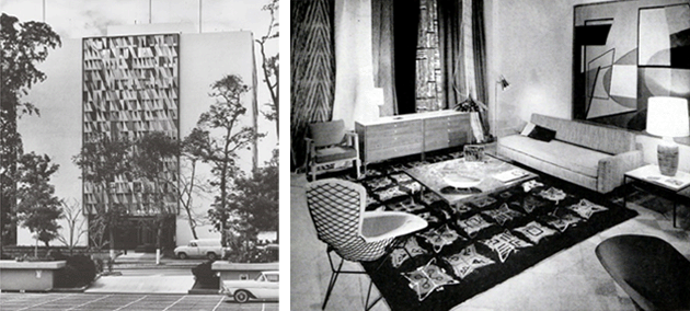Left: The U.S. Embassy in Caracas, designed by Don Hatch with a monumental screen on the façade designed by Harry Bertoia, 1958. Right: Galeria Don Hatch display featuring Knoll furniture designed by Harry Bertoia. Left: Credit to come. Right: Credit to come. Craft Horizons, September/October 1958.