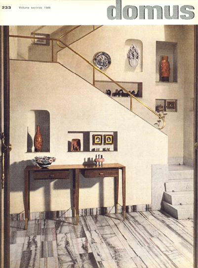 Left: Cover of Domus, no. 233 (December 1950) depicting the entryway to Gio Ponti’s Casa Creamaschi, which included a similar work in the wall niche alongside the staircase. Image: © Editoriale Domus S.p.A. Right: The interior of first-class salon of the Giulio Cesare ocean liner, which featured an illuminated display case of works by artists such as Paolo Venini, Paolo de Poli, Fausto Melotti, and Luigi Zortea.